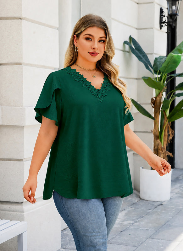 Plus Size Top V Neck Short Sleeve Blouses for Curvy Women Loose Fit Dressy Floral Trim Ladies Tunic