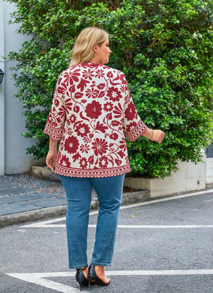 Women's Plus Size Red Floral Vine Print Tunic Top | 3/4 Sleeve Boho Blouse