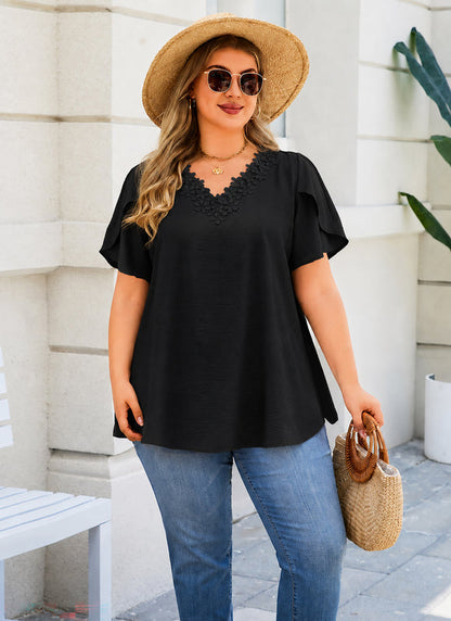 Women's Plus Size Black Floral Trim V-Neck Blouse | Flutter Sleeve Tunic Top