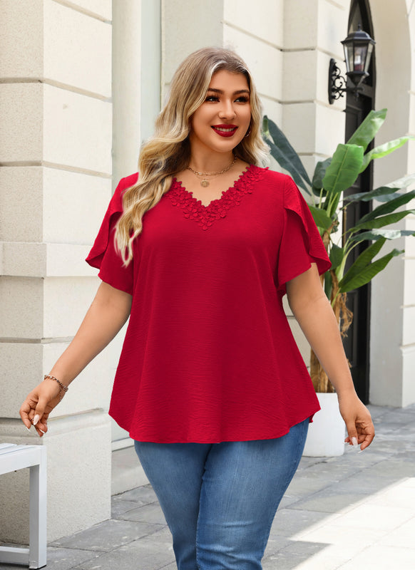 Women's Red V-Neck Blouse – Floral Lace Trim, Plus Size