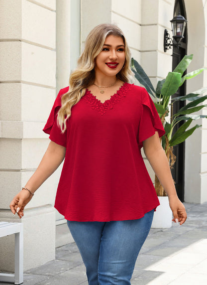 Women's Red V-Neck Blouse – Floral Lace Trim, Plus Size