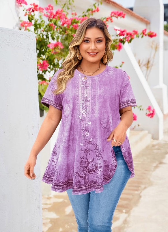 Women's Plus Size Lavender Floral Tunic Top – Short Sleeve Swing Blouse