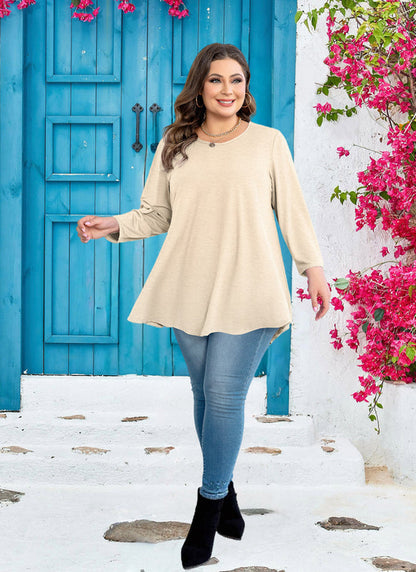 Women's Plus Size Beige Tunic Top – 3/4 Sleeve Swing Flare Blouse