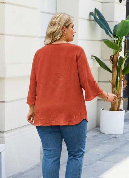 Women's Plus Size Burnt Orange Floral Trim V-Neck Blouse | 3/4 Sleeve Tunic Top