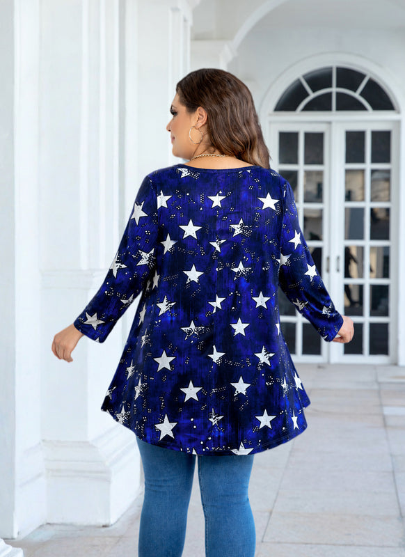 Women's Plus Size American Flag Patriotic Tunic Top – 3/4 Sleeve Stars & Stripes Blouse