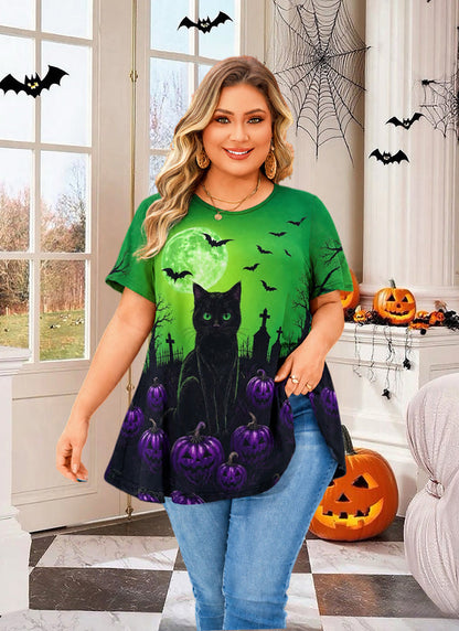 Women's Halloween Green Tunic Top – Witchy Print, Plus Size