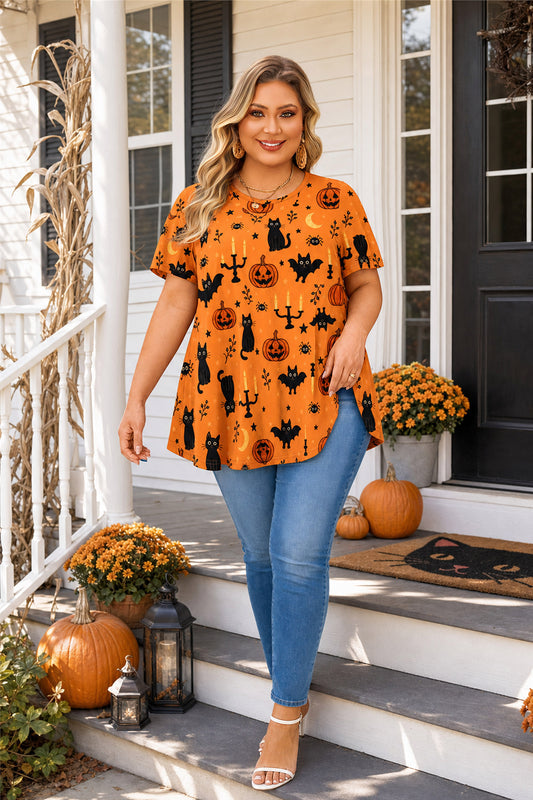 Women's Halloween Orange Swing Tunic Top – Short Sleeve, Plus Size