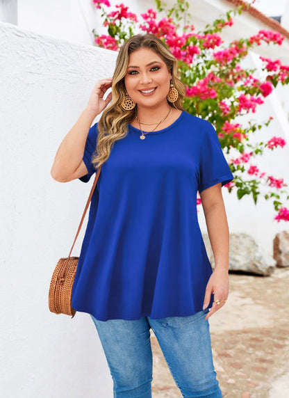 Royal Blue Short Sleeve Swing Tunic Top – Women's Plus Size Crew Neck Flowy Blouse to Wear with Leggings (S–7XL)