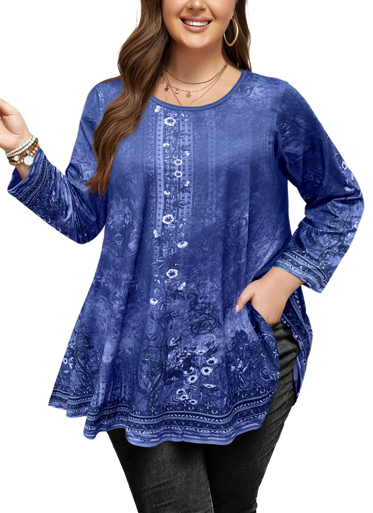 Women's Plus Size Navy Blue Boho Floral Tunic Top – 3/4 Sleeve Vintage Embroidery Print Blouse