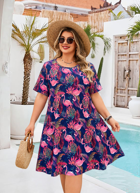 Women's Plus Size Navy Flamingo Tropical T-Shirt Dress | Short Sleeve