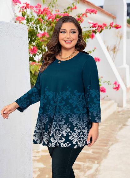 Women's Plus Size Teal Damask Print Tunic Top – 3/4 Sleeve Baroque Floral Blouse with Pockets