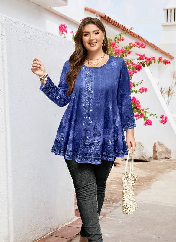 Women's Plus Size Navy Blue Boho Floral Tunic Top – 3/4 Sleeve Vintage Embroidery Print Blouse