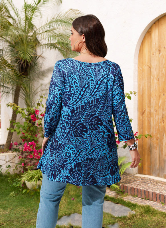 Women's Plus Size Blue Tropical Print Tunic Top | 3/4 Sleeve Swing Blouse, Flowy Fit, Wear with Leggings – Hawaiian Leaf, S to 6XL