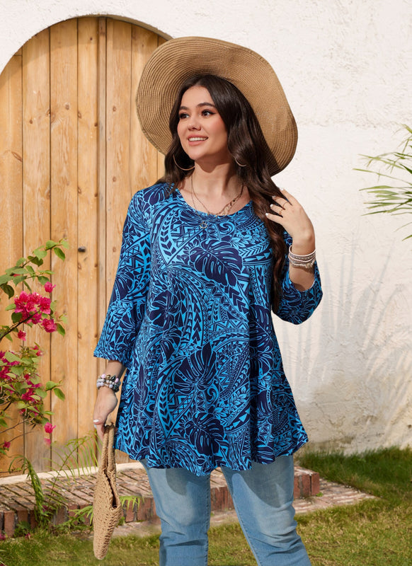 Women's Plus Size Blue Tropical Print Tunic Top | 3/4 Sleeve Swing Blouse, Flowy Fit, Wear with Leggings – Hawaiian Leaf, S to 6XL