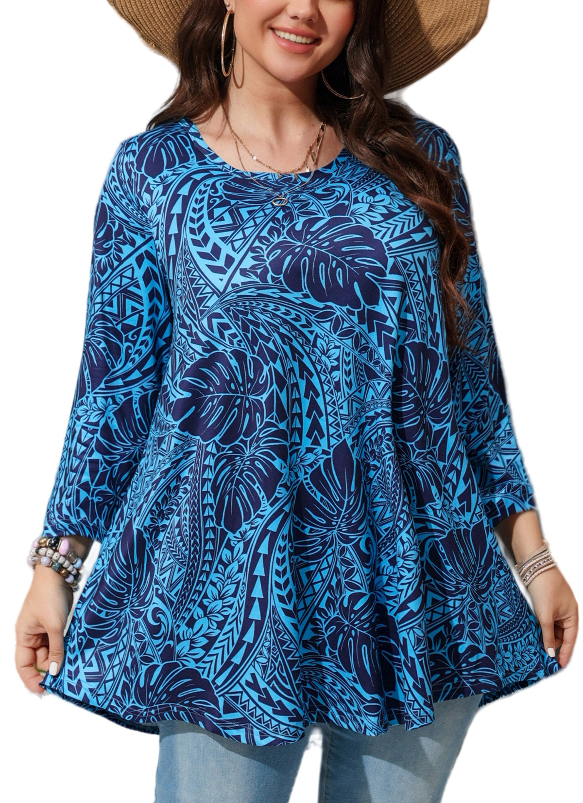 Women's Plus Size Blue Tropical Print Tunic Top | 3/4 Sleeve Swing Blouse, Flowy Fit, Wear with Leggings – Hawaiian Leaf, S to 6XL