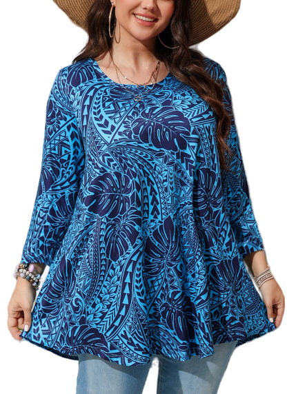 Women's Plus Size Blue Tropical Print Tunic Top | 3/4 Sleeve Swing Blouse, Flowy Fit, Wear with Leggings – Hawaiian Leaf, S to 6XL