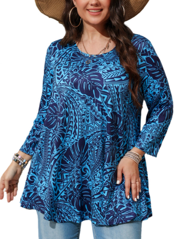 Women's Plus Size Blue Tropical Print Tunic Top | 3/4 Sleeve Swing Blouse, Flowy Fit, Wear with Leggings – Hawaiian Leaf, S to 6XL
