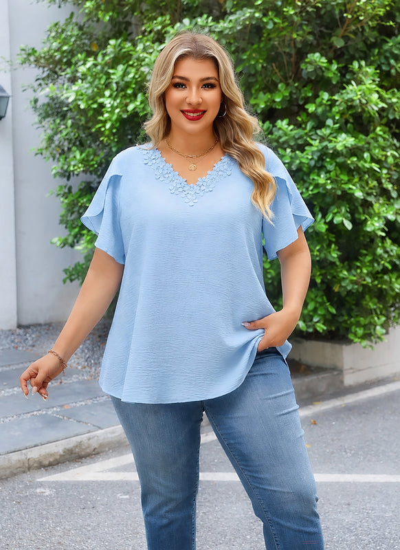 Women's Plus Size Light Blue Floral Trim V-Neck Blouse | Flutter Sleeve Tunic Top