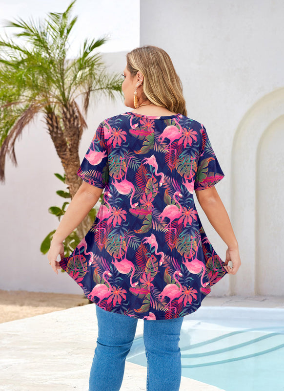 Women's Hot Pink Flamingo Print Plus Size Swing Tunic Top – Short Sleeve Flowy Blouse