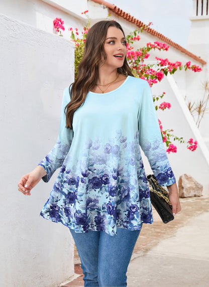 Women's Plus Size Blue Floral Ombre Tunic Top – 3/4 Sleeve Swing Flare Blouse