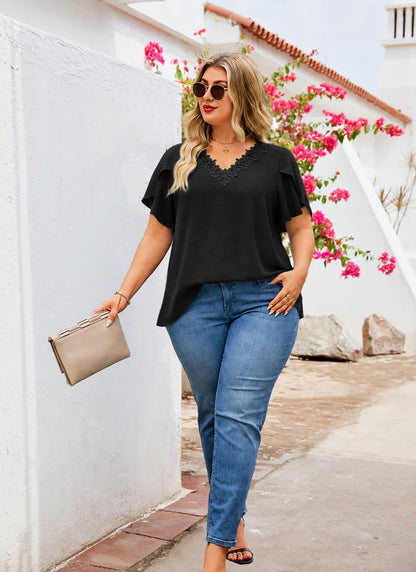 Women's Plus Size Black Floral Trim V-Neck Blouse | Flutter Sleeve Tunic Top