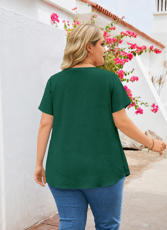 Plus Size Top V Neck Short Sleeve Blouses for Curvy Women Loose Fit Dressy Floral Trim Ladies Tunic