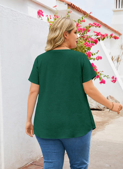 Plus Size Top V Neck Short Sleeve Blouses for Curvy Women Loose Fit Dressy Floral Trim Ladies Tunic
