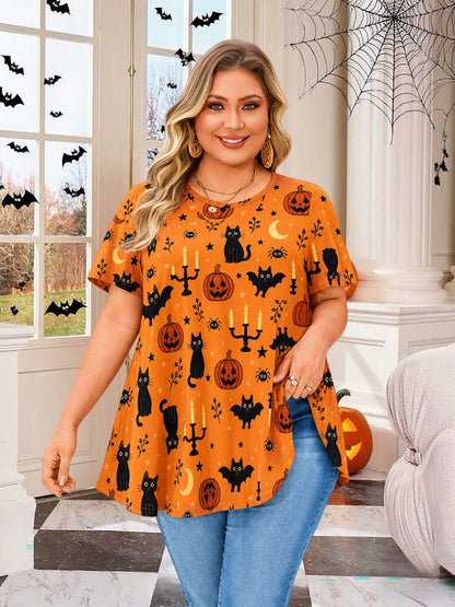 Women's Halloween Orange Swing Tunic Top – Short Sleeve, Plus Size
