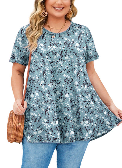 Women's Plus Size Teal & White Tunic Top – Short Sleeve Swing Blouse