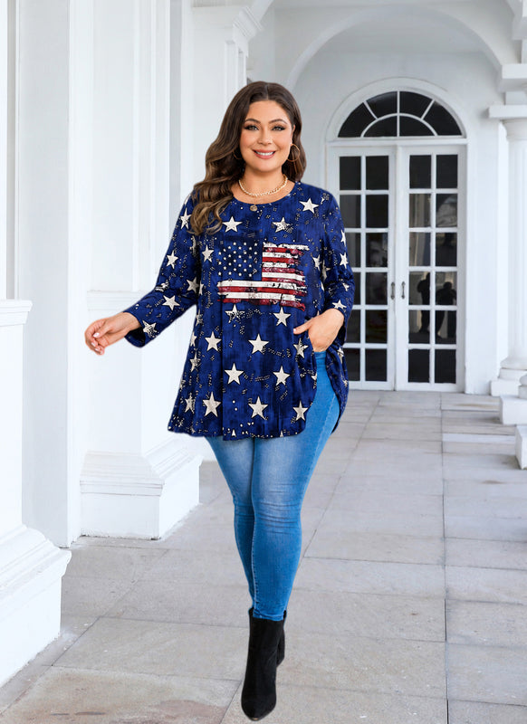 Women's Plus Size American Flag Patriotic Tunic Top – 3/4 Sleeve Stars & Stripes Blouse