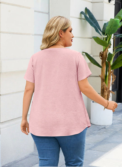 Women's Plus Size Pink Floral Trim V-Neck Blouse | Flutter Sleeve Tunic Top