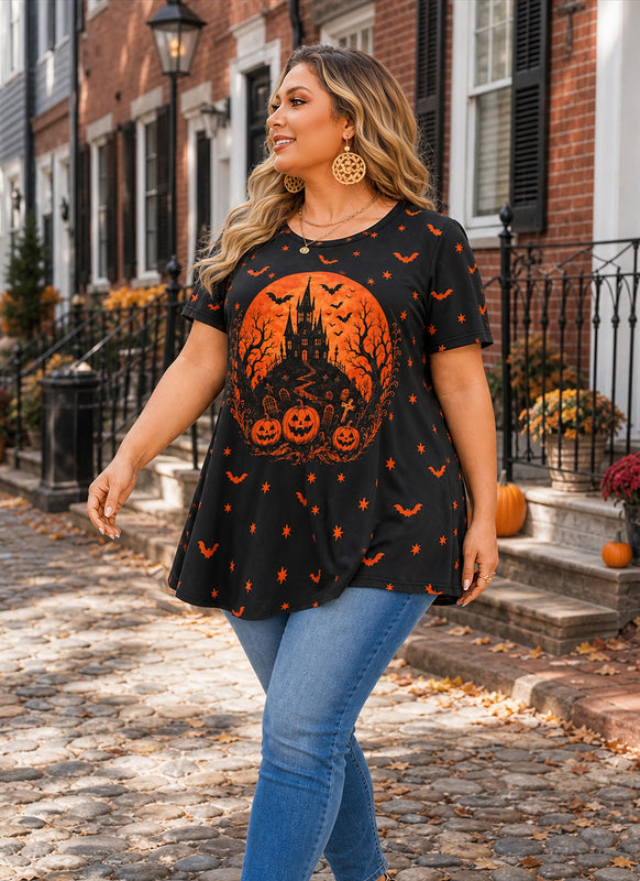 Women's Halloween Black & Orange Tunic Top – Graphic Print, Plus Size