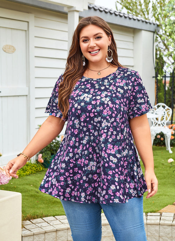 Women's Plus Size Floral Tunic Top – Short Ruffle Sleeve, Flowy Swing Blouse on Navy
