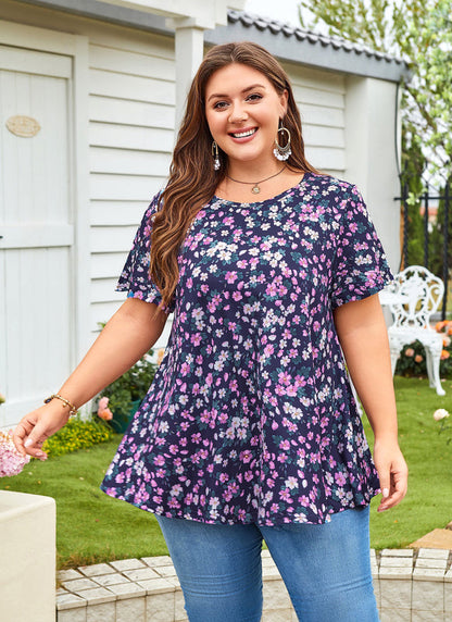 Women's Plus Size Floral Tunic Top – Short Ruffle Sleeve, Flowy Swing Blouse on Navy