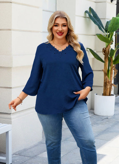 Women's Plus Size Navy Blue Floral Trim V-Neck Blouse | 3/4 Sleeve Tunic Top