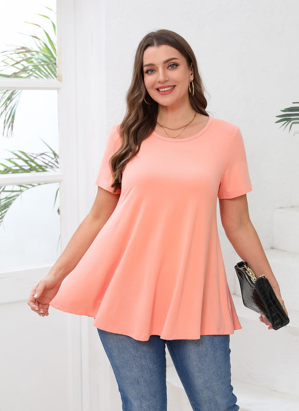 Women's Plus Size Swing Tunic Top – Short Sleeve, Flowy Flare, Crew Neck Blouse to Wear with Leggings