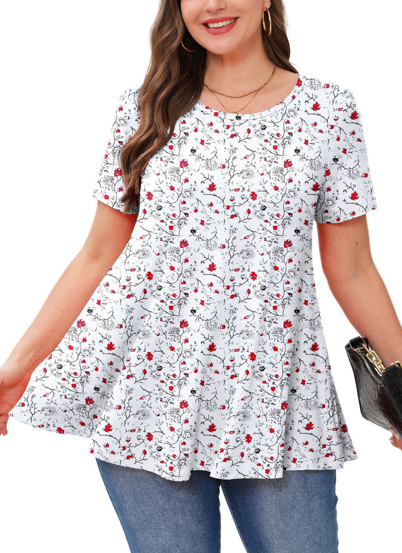 Women's Plus Size White Floral Tunic Top – Short Sleeve, Flowy Swing Blouse to Wear with Leggings