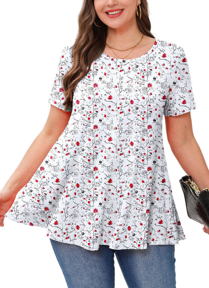 Women's Plus Size White Floral Tunic Top – Short Sleeve, Flowy Swing Blouse to Wear with Leggings