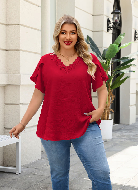 Women's Red V-Neck Blouse – Floral Lace Trim, Plus Size