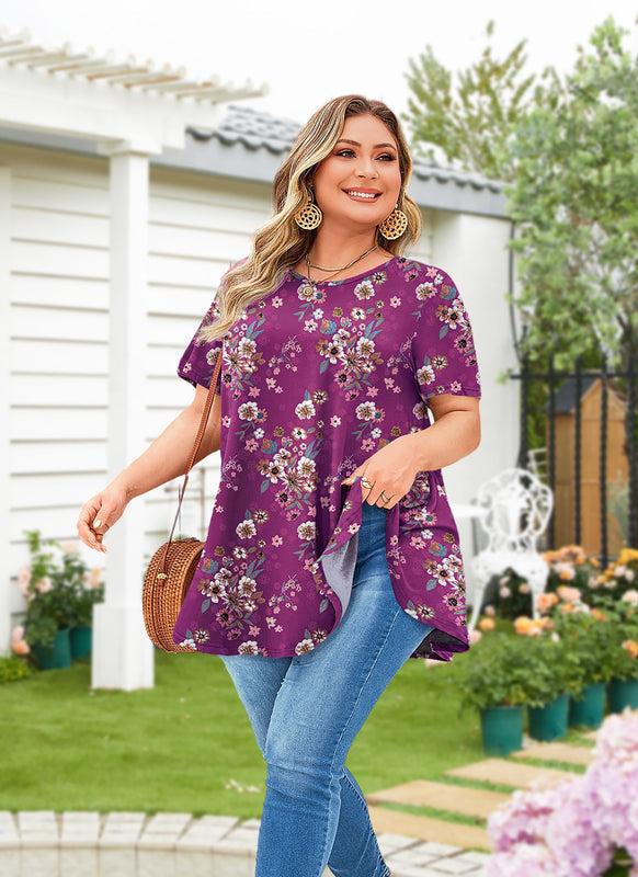 Women's Magenta Floral Swing Tunic Top – Short Sleeve, Plus Size