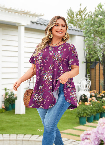 Women's Magenta Floral Swing Tunic Top – Short Sleeve, Plus Size