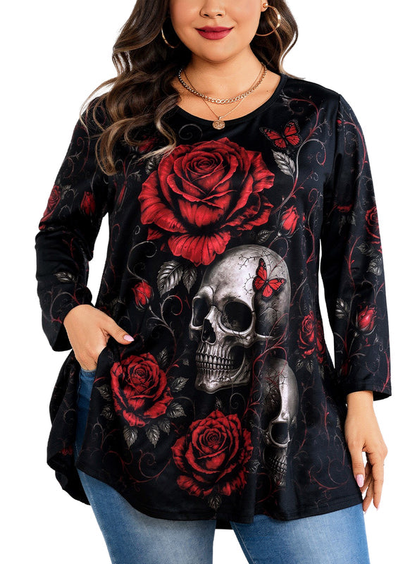 Women's Red & Black Plus Size Swing Tunic Top – 3/4 Sleeve Flowy Blouse