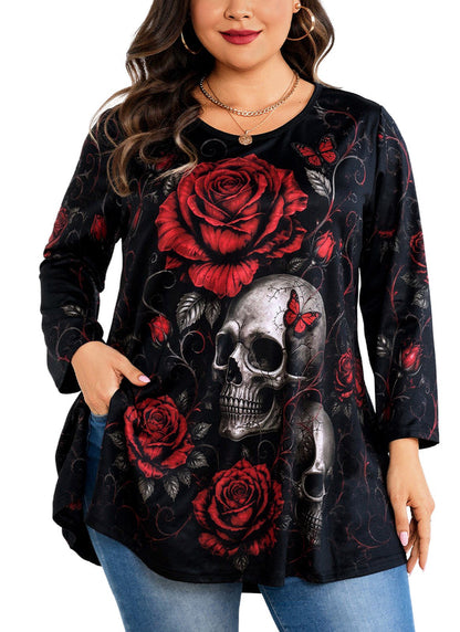Women's Red & Black Plus Size Swing Tunic Top – 3/4 Sleeve Flowy Blouse
