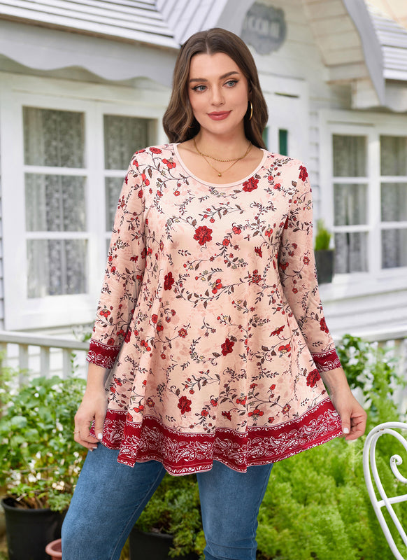 Women's Plus Size Red & Pink Floral Tunic Top – 3/4 Sleeve Swing Flare Blouse