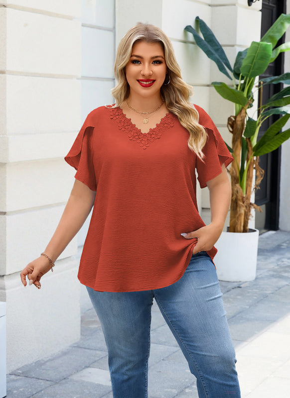 Women's Burnt Orange V-Neck Blouse – Floral Lace Trim, Plus Size
