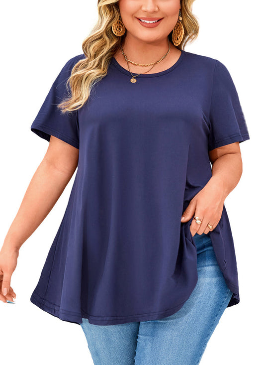 Women's Plus Size Navy Blue Tunic Top – Short Sleeve Solid Swing Blouse