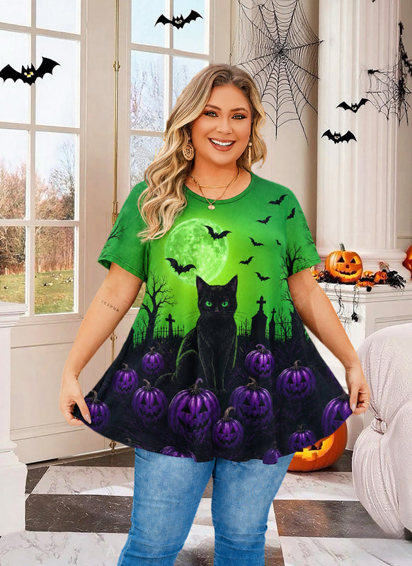 Women's Halloween Green Tunic Top – Witchy Print, Plus Size