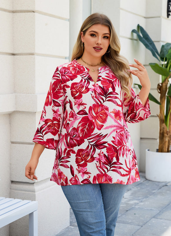 Women's Plus Size Pink Tropical Floral Tunic Top | 3/4 Flutter Sleeve