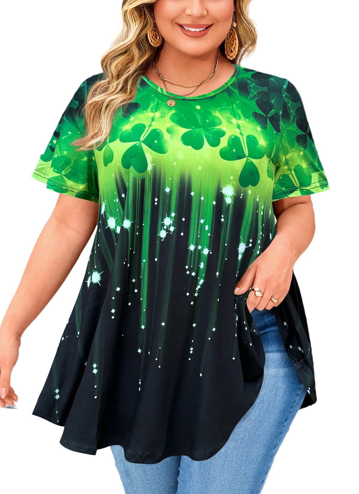 Women's Plus Size Green Leaf Print Tunic Top – Short Sleeve Swing Blouse