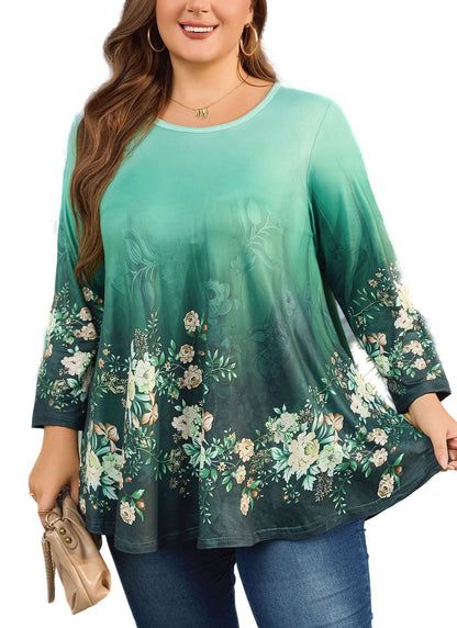 Women's Plus Size Green Floral Tunic Top – 3/4 Sleeve Swing Flare Blouse